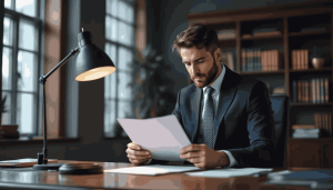 (A lawyer sits in a well-furnished chamber, intently reading a legal form, possibly related to a judicial review application. The atmosphere suggests a focus on legal challenges and the judicial review process, emphasizing the importance of thorough preparation in administrative court proceedings.)